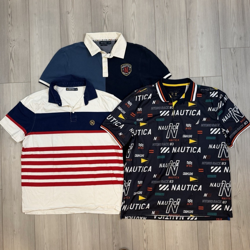 Lot Of 3 Nautica Navtech Polo Shirt Mens XXL Navy Hydro Race Graphic‎ Rugby Top